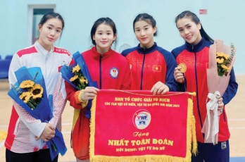 3 chị em Mỹ Hạnh (phải qua) góp công lớn trong thành tích vô địch toàn đoàn nội dung nữ tại Giải vô địch các CLB 2024